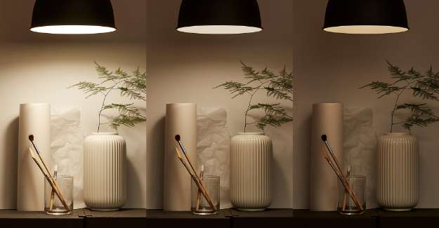 Different lamp dimming with connected bulbs lighting two vases and a glass on a table